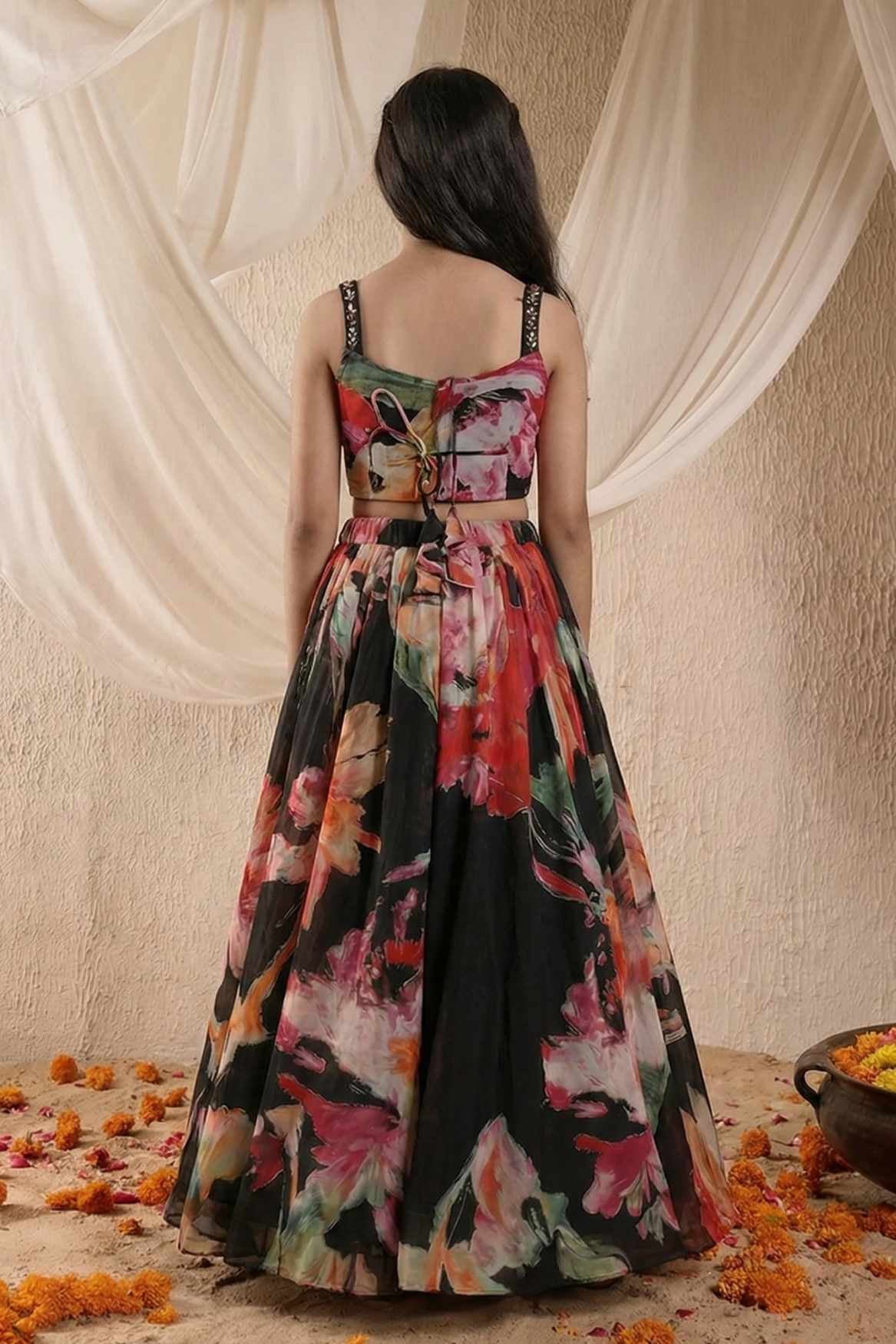 Black Floral Printed Lehenga Choli Set for Girls