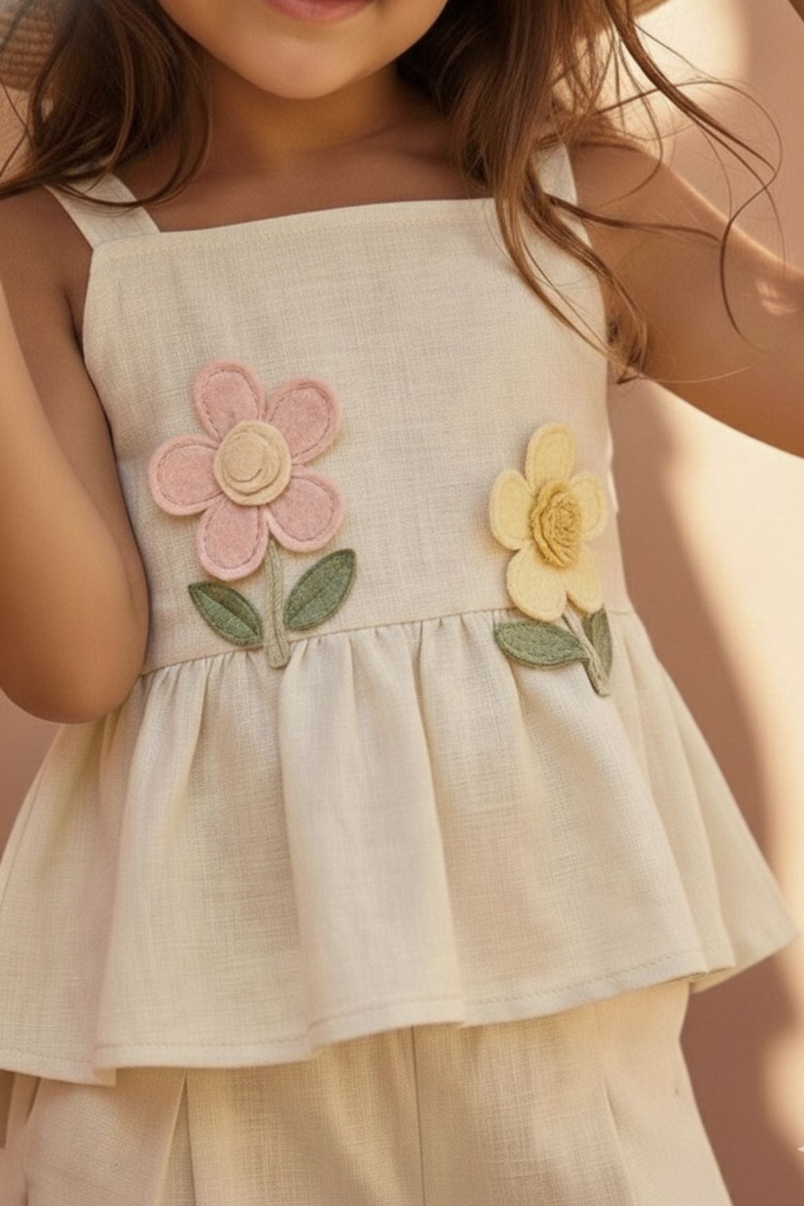Cream Floral Appliqué And Palazzo Set For Girls