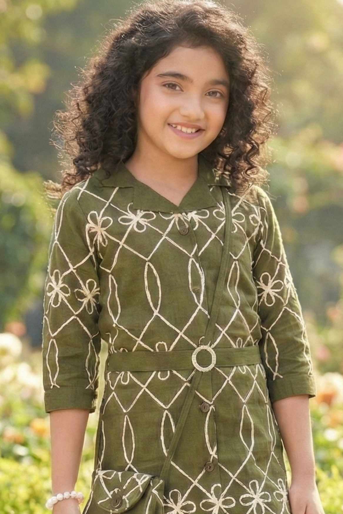 Olive Green Geometric Embroidered Bodycon Dress For Girls