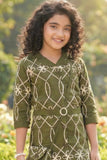 Olive Green Geometric Embroidered Bodycon Dress For Girls