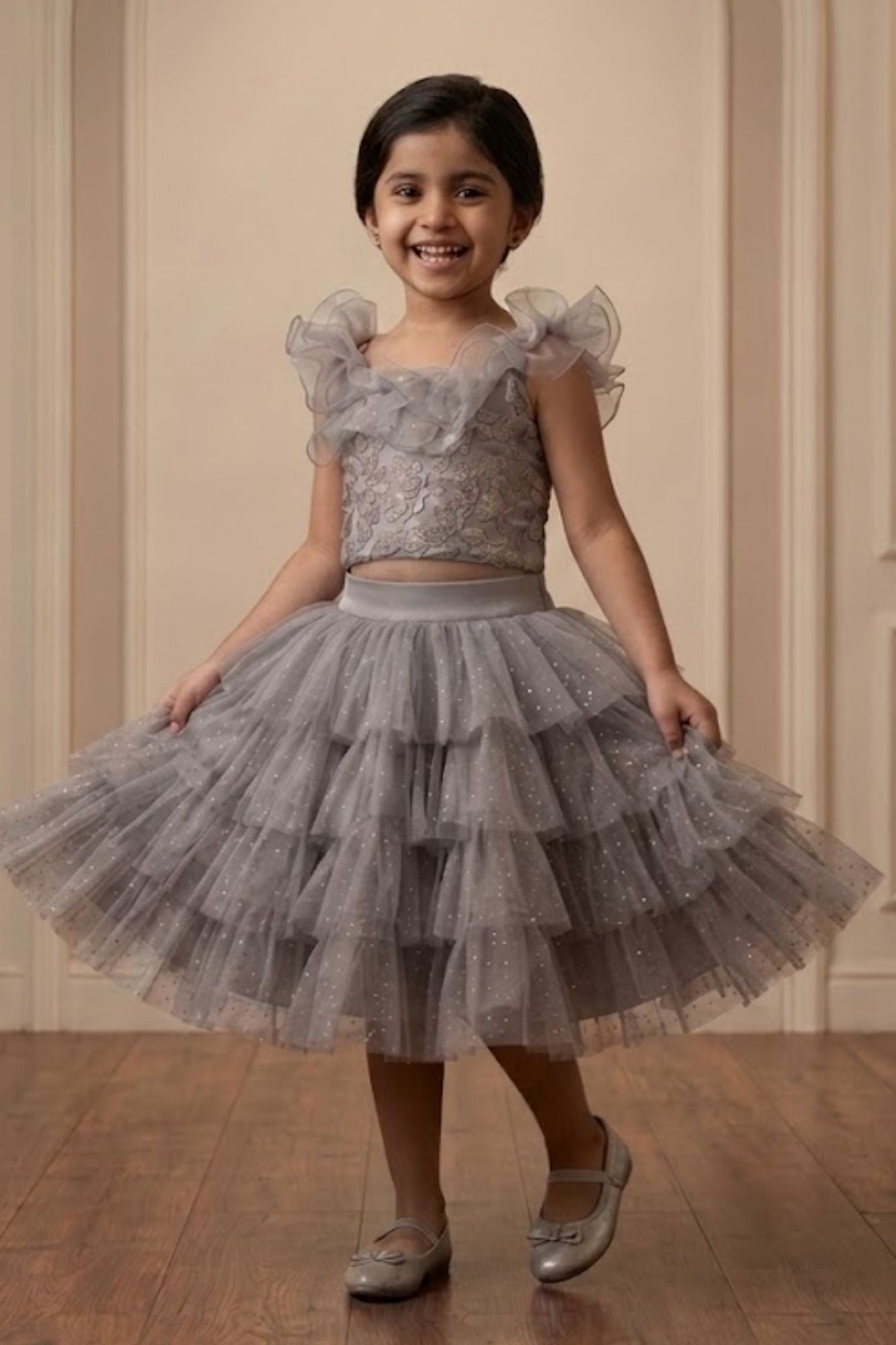 Girls Grey Layered Skirt Set with Embroidered Crop Top And Ruffle Detailing