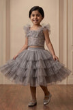 Girls Grey Layered Skirt Set with Embroidered Crop Top And Ruffle Detailing