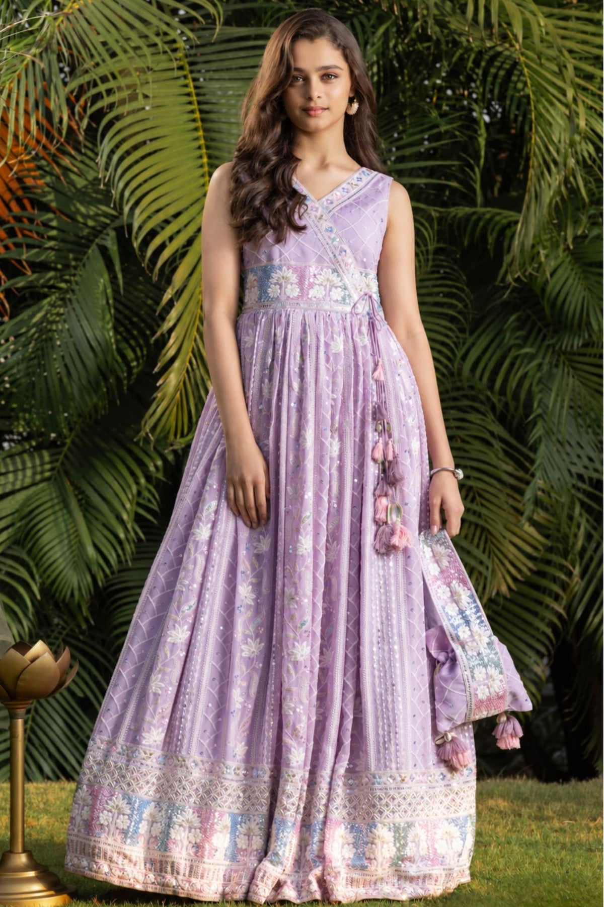 Lavender Embroidered Ethnic Gown with Tassel Detailing for Girls