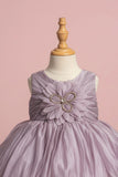 Mauve Party Frock with Oversized Floral Appliqué and Pleated Shine Finish For Girls