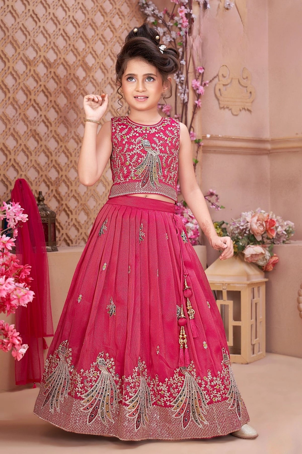 Rani Pink Peacock Embroidered Lehenga Choli with Dupatta For Girls