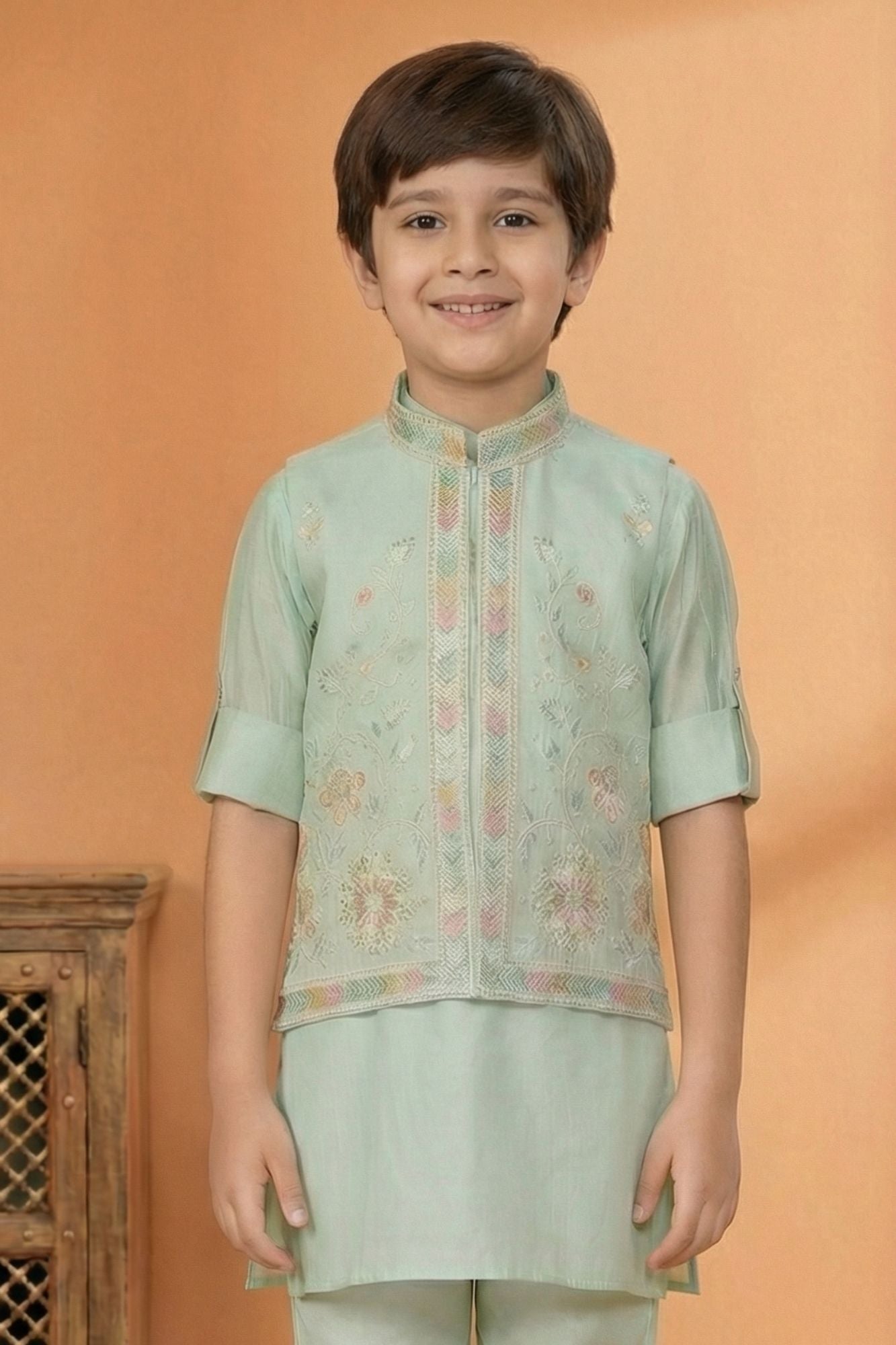 Pista Embroidered Kurta Set with Nehru Jacket For Boys