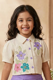 Girls Cream Floral Embroidered Top with Purple Skorts Set