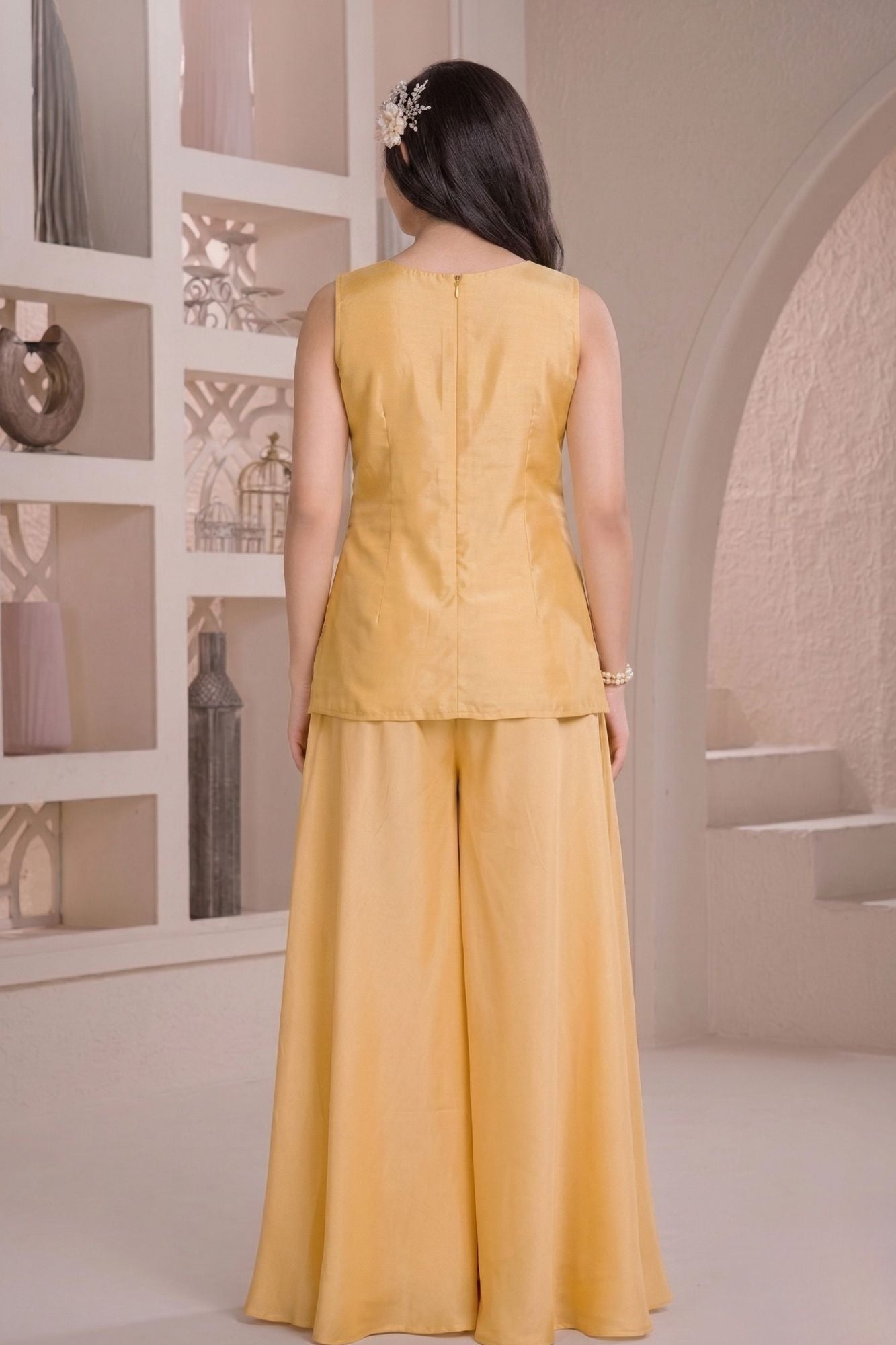 Yellow Embroidered Georgette Palazzo Set For Girls