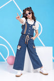 Girls Dark Blue Denim 3 Piece Co-Ord Set With Decorative Bow