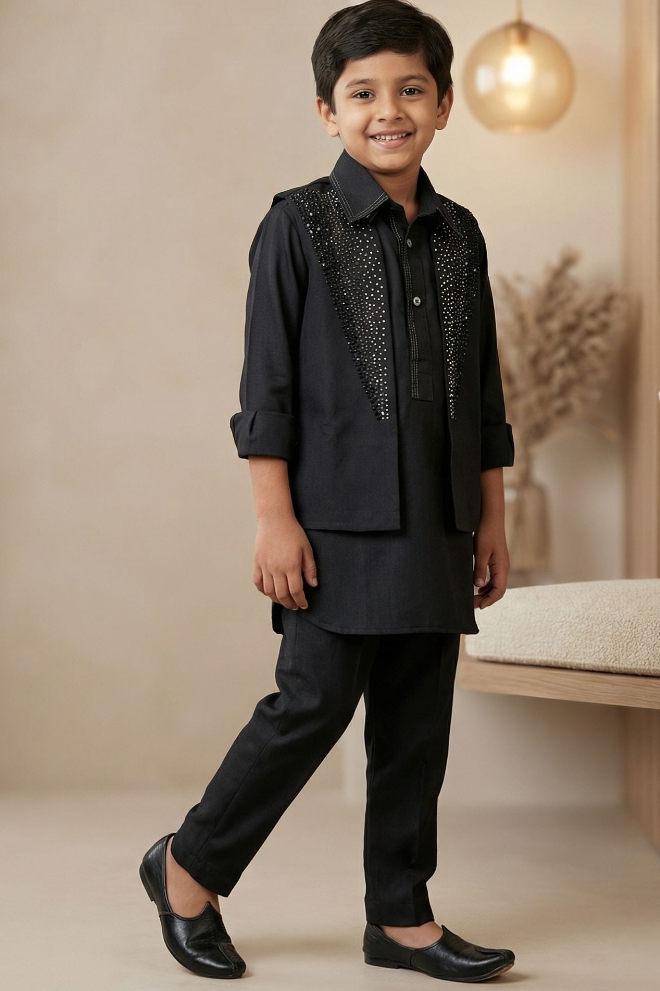 Boys Black Embellished Kurta Set with Jacket