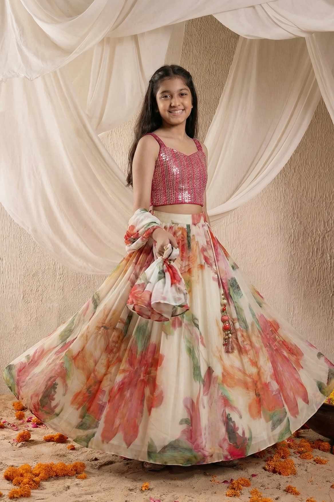 Ivory Floral Printed Lehenga Choli Set for Girls