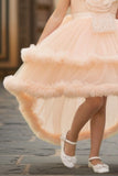Peach Layered High-Low Party Frock With Tailback For Girls