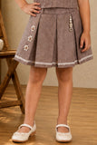 Girls Brown Floral Print Pleated Skirt Set with Peter Pan Collar Top And Tassel Charm