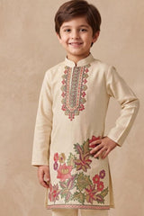 Boys Elegant Cream Floral Embroidered Kurta Set