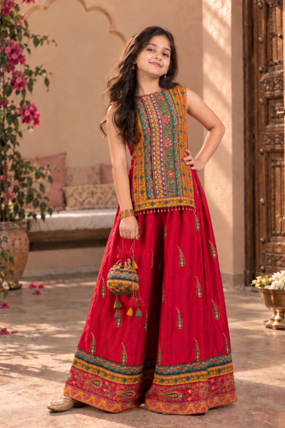 Red Multicolour Printed Palazzo Set for Girls
