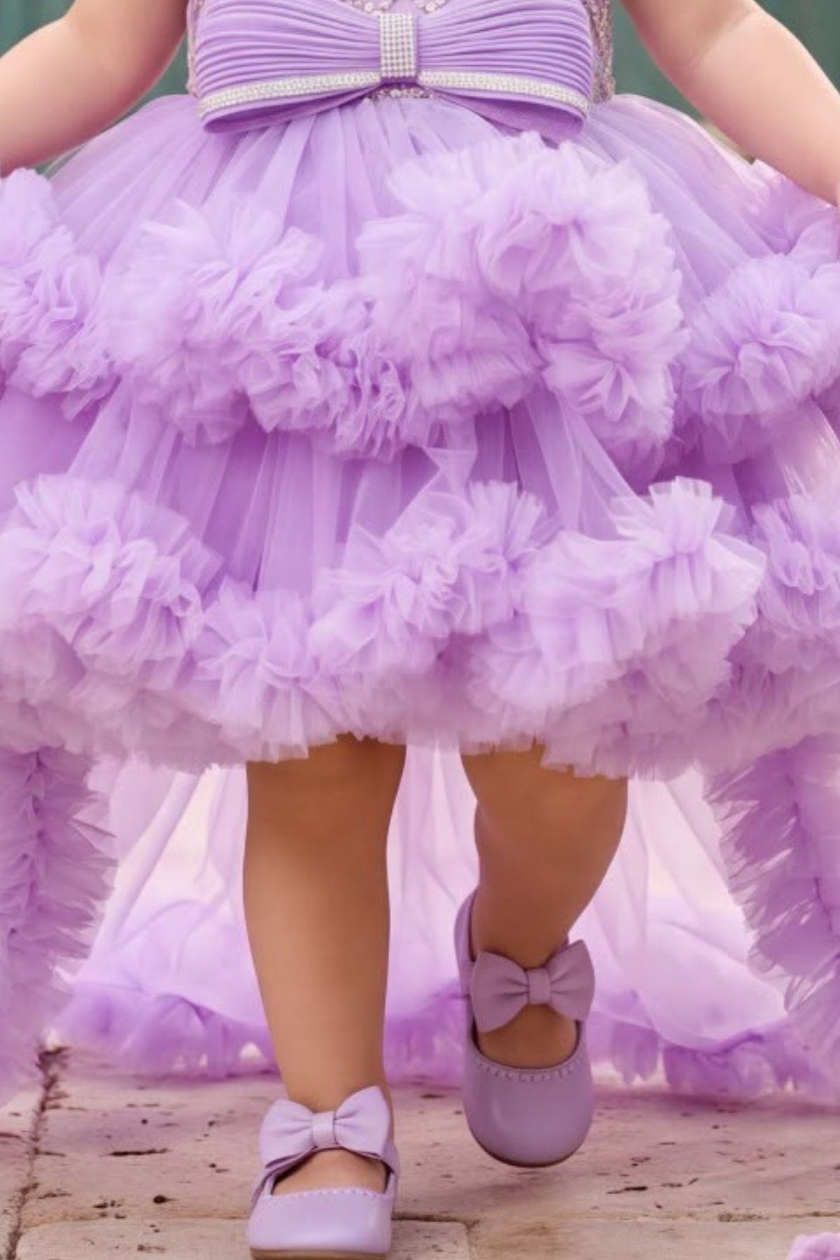 Girls Lavender Floral Net High-Low Party Frock