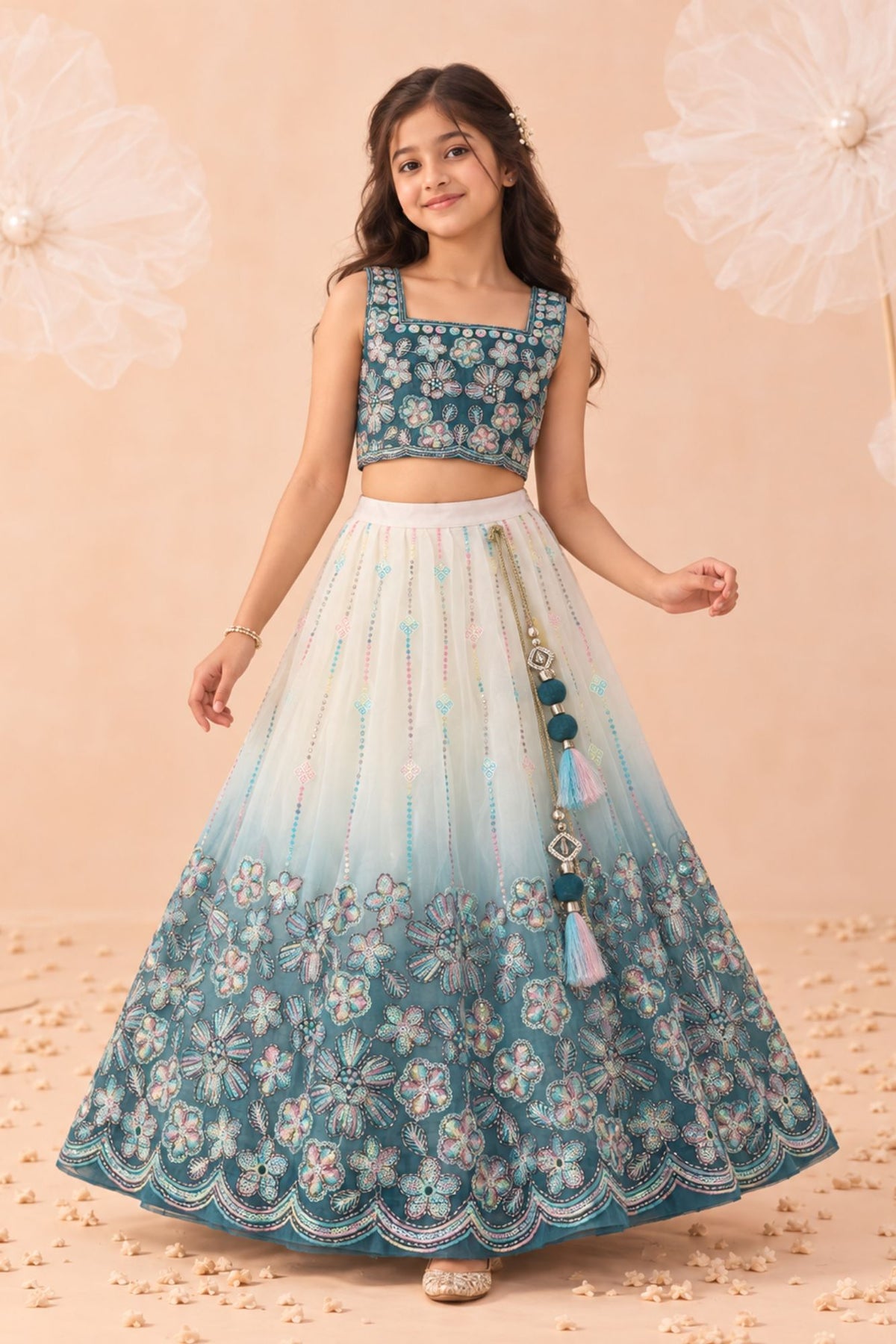 Girls Teal & Ivory Ombre Floral Embroidered Lehenga Choli Set