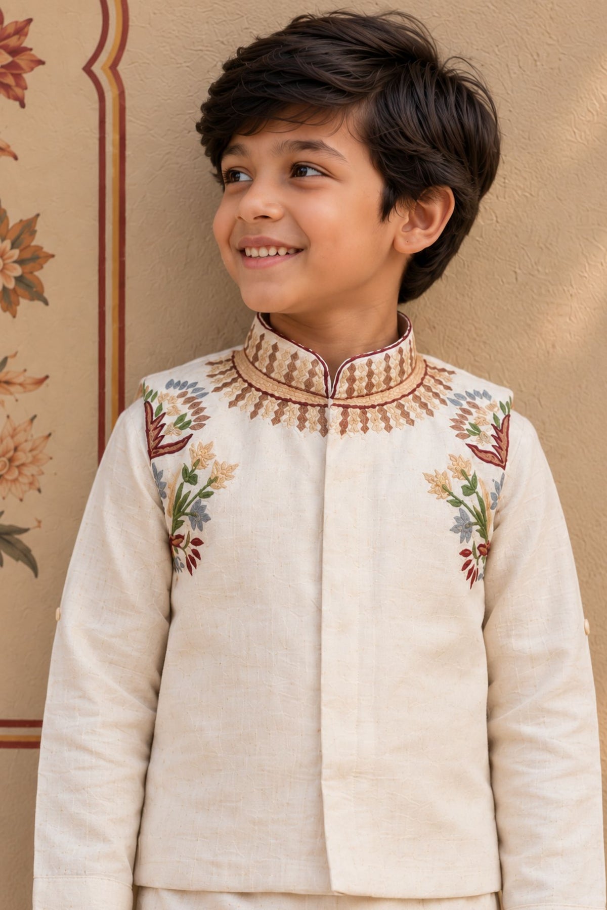 Ivory Embroidered Kurta Pajama Set With Jacket For Boys