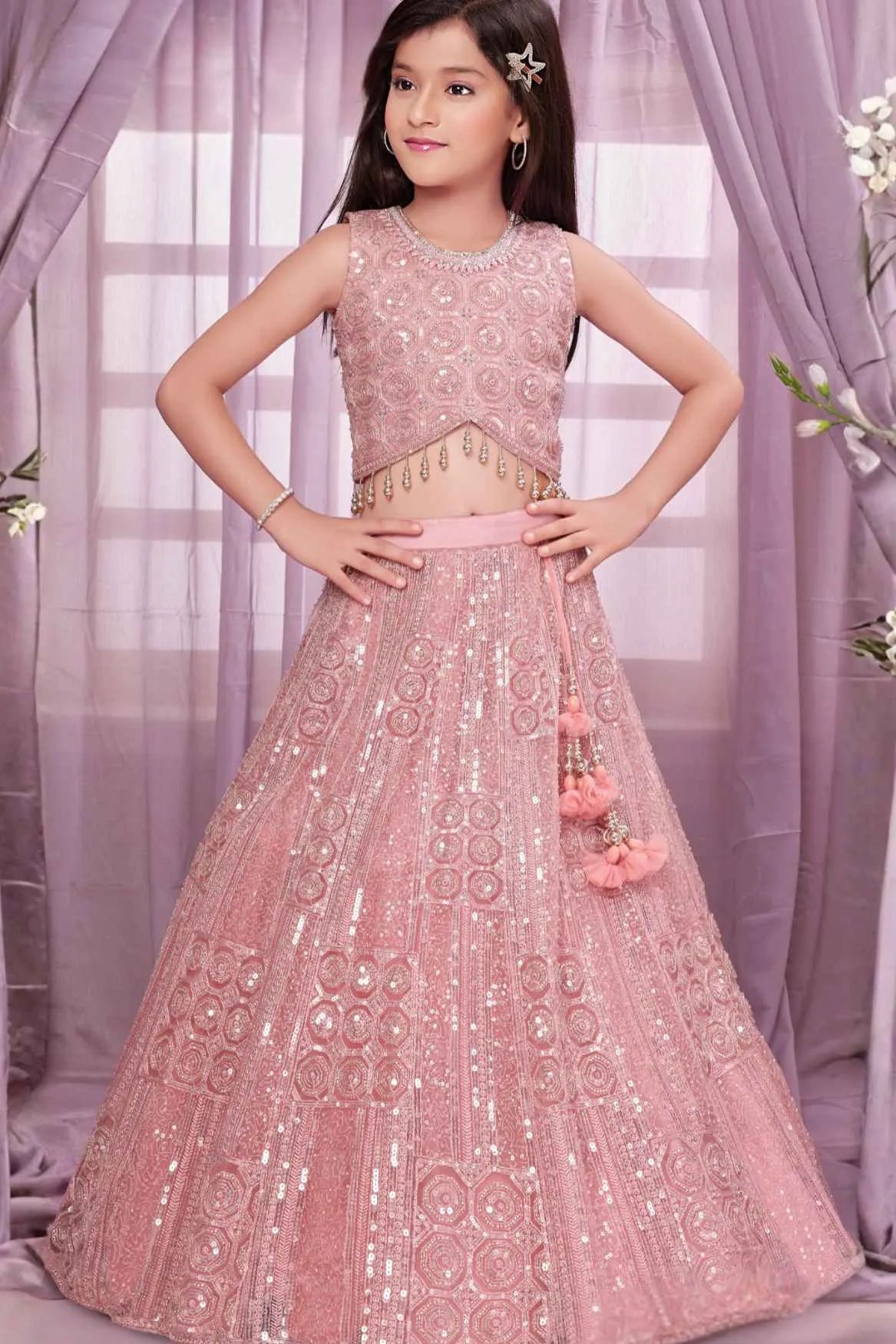 Blush Pink Heavy Sequin Embroidered Lehenga Choli Set For Girls