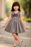 Shimmer Grey Party Wear Frock with 3D Floral Accent For Girls