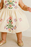 Cream Sleeveless Embroidered Frock With Butterfly Motifs & Pearls For Girls