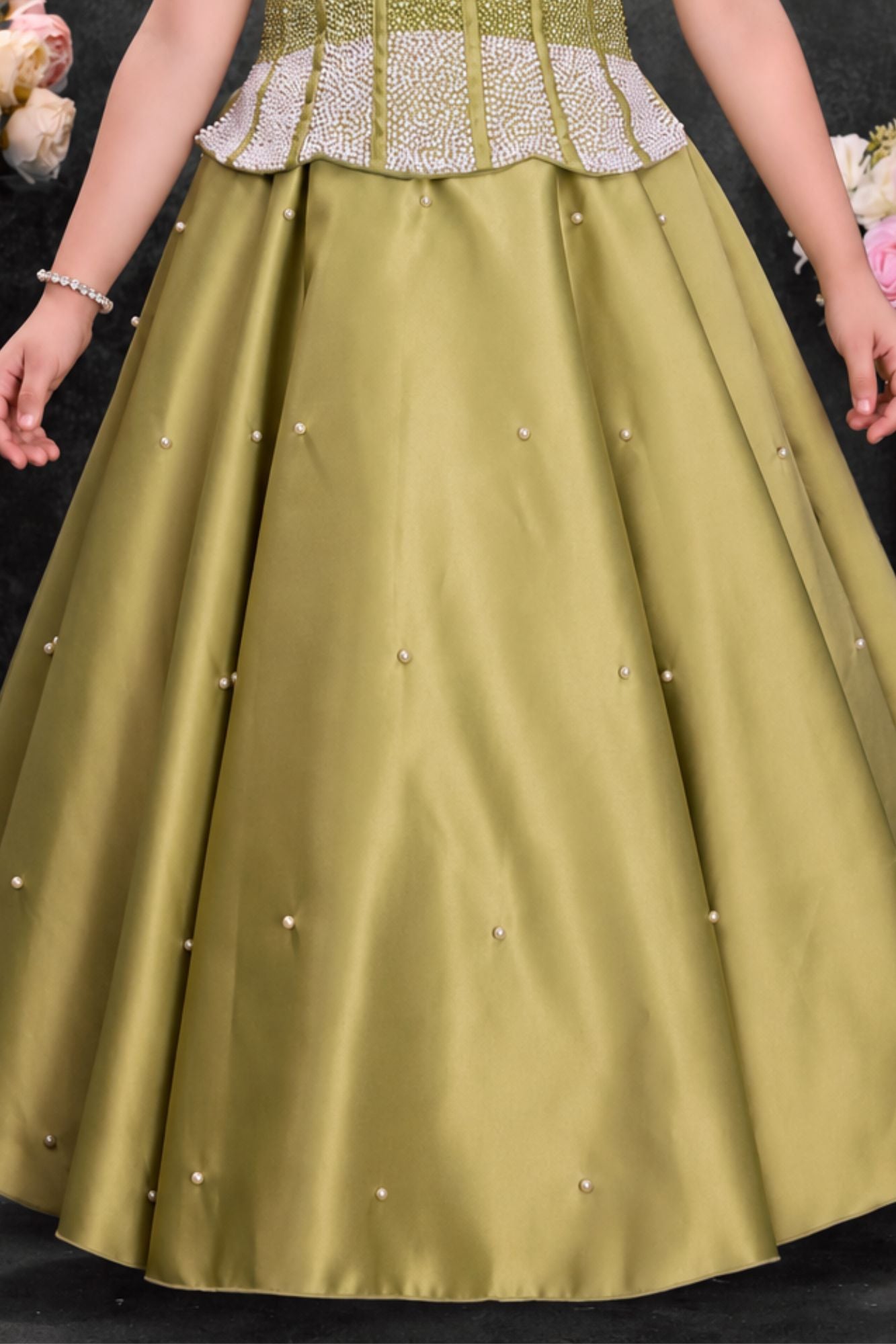 Olive Green Embellished Party Wear Gown for Girls