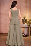 Girls Olive Green Multicolour Floral Sequin Embroidered Sleeveless Palazzo Set With Dupatta