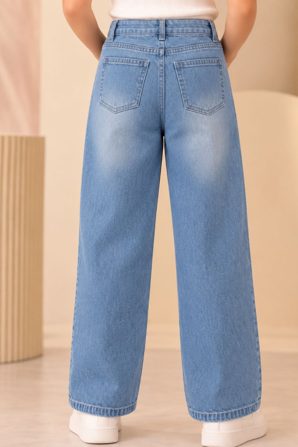 Girls Light Blue Butterfly Applique Lace Detail Wide Leg Denim Jeans