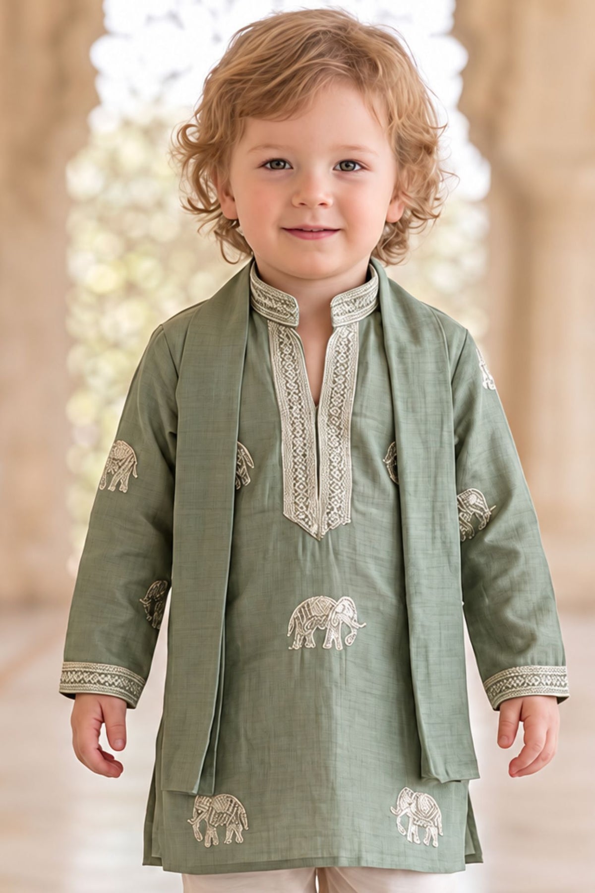 Sage Green White Elephant Embroidered Kurta Pant Set with Dupatta