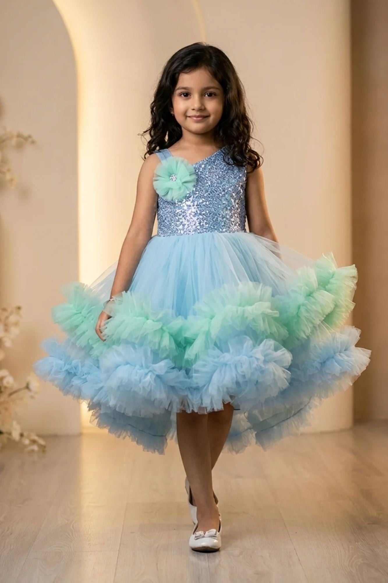 Blue Sequin Bodice Party Frock with Layered Ruffle Hem For Girls