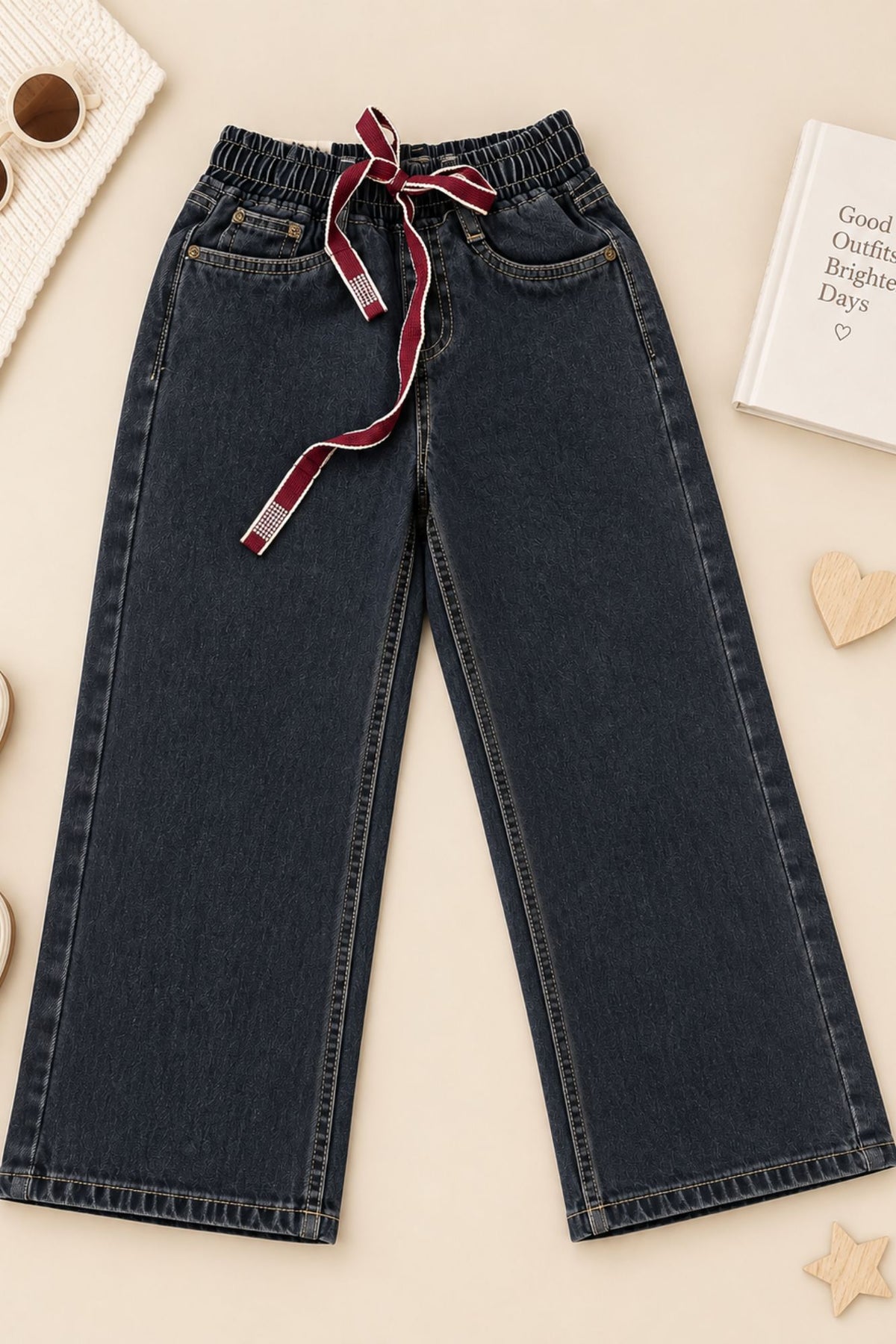 Blue Washed Straight Fit Denim Jeans with Drawstring Waist For Girls