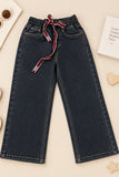 Blue Washed Straight Fit Denim Jeans with Drawstring Waist For Girls