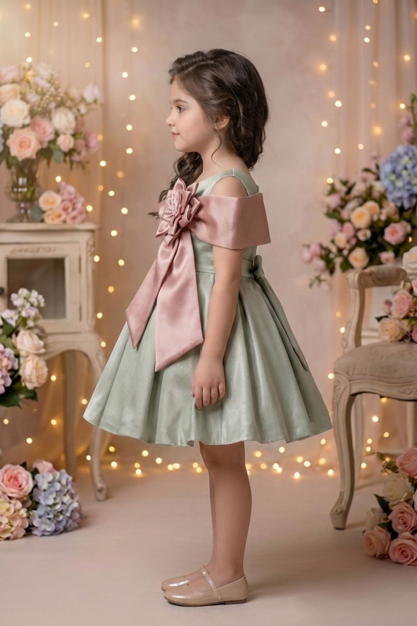 Girls Sage Green Satin Party Dress with Oversized Bow