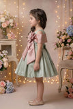 Girls Sage Green Satin Party Dress with Oversized Bow
