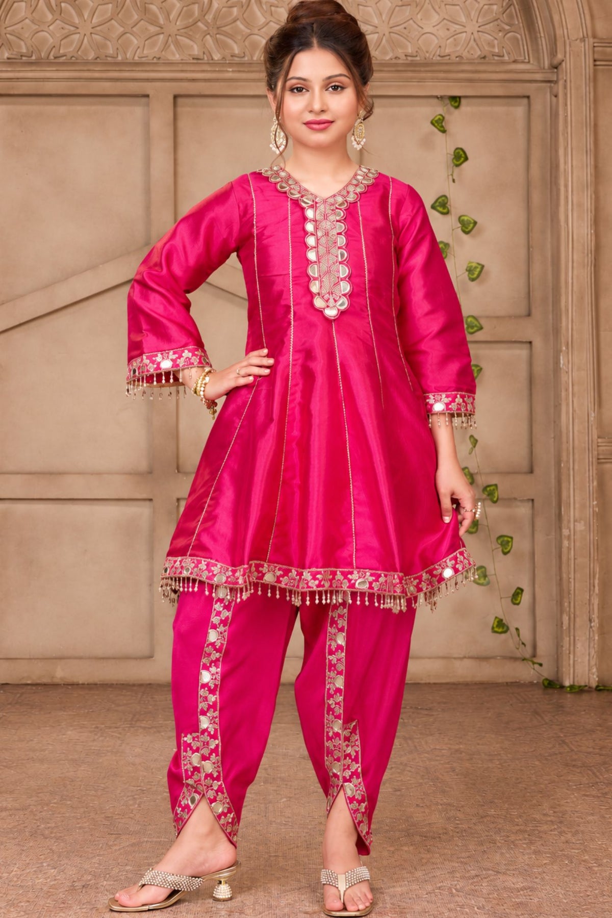 Girls Rani Pink Mirror Work Peplum Dhoti Set with Dupatta