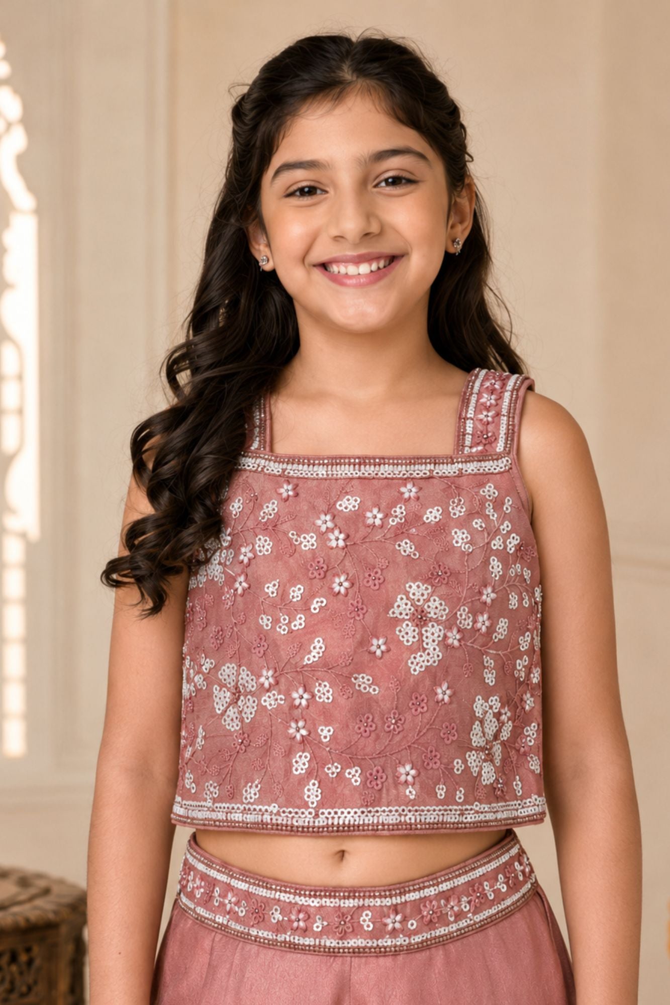 Blush Pink Floral Motif Sequined Crop Top with Palazzo Set and Dupatta