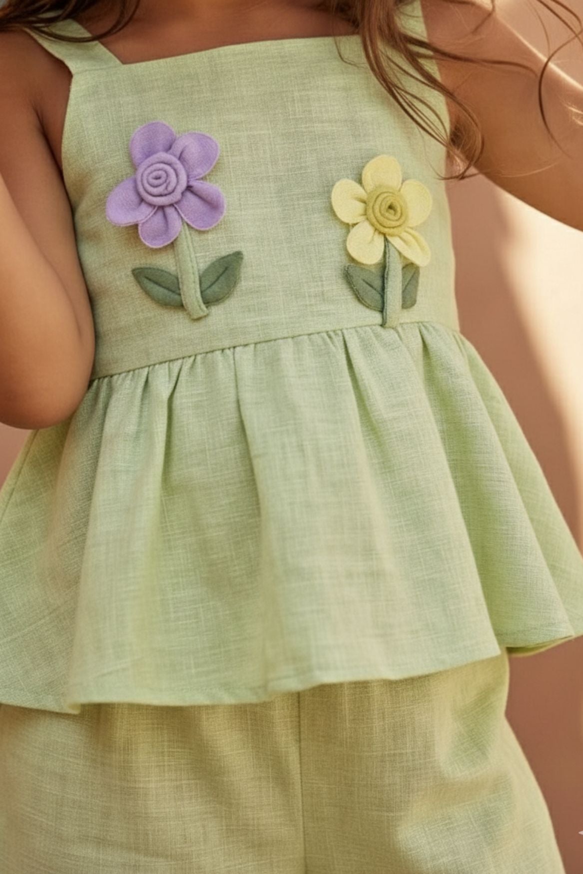 Pistachio Green Floral Appliqué And Palazzo Set For Girls
