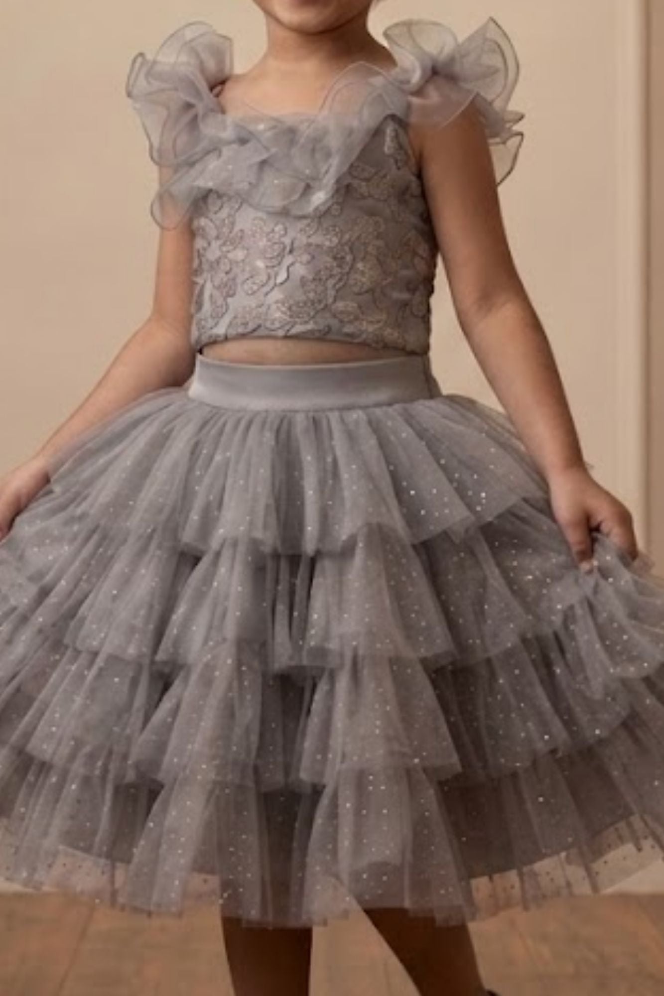 Girls Grey Layered Skirt Set with Embroidered Crop Top And Ruffle Detailing