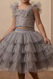 Girls Grey Layered Skirt Set with Embroidered Crop Top And Ruffle Detailing