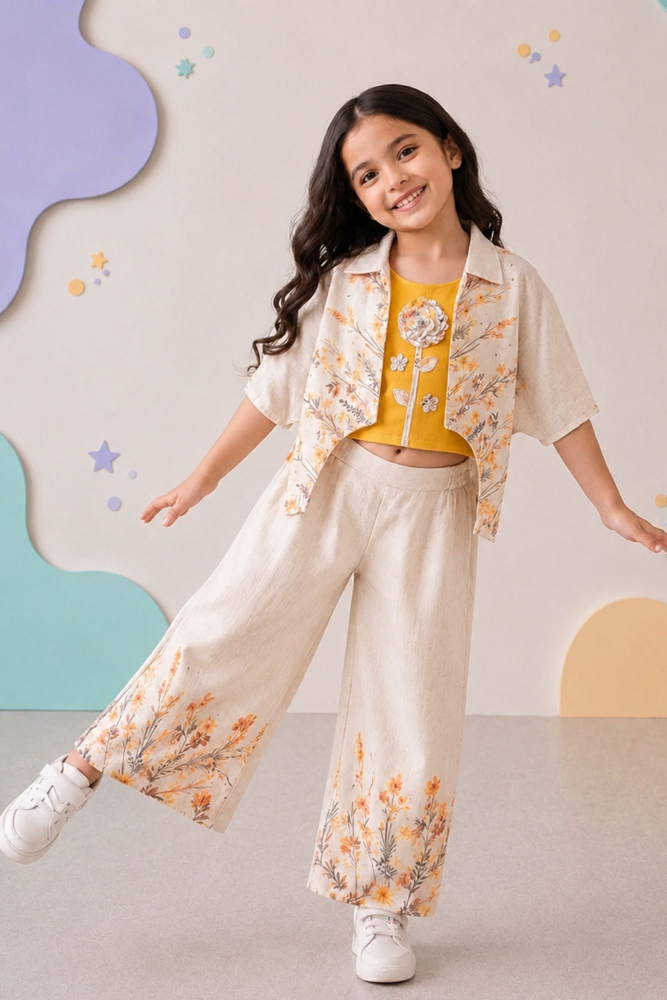 Mustard Yellow and Ivory Floral Jacket Palazzo Set