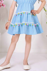 Light Blue Pom-Pom Cotton Frock with Embroidered Yoke For Girls