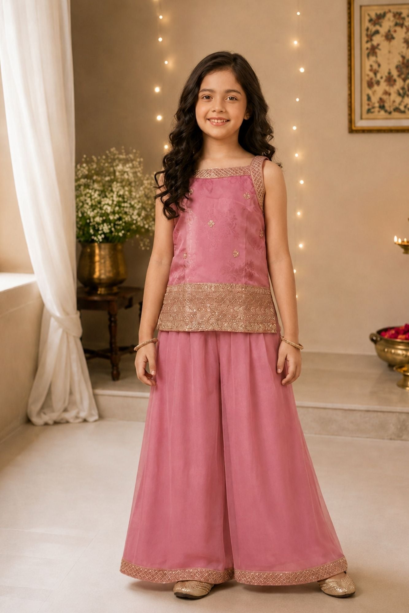 Pink Embroidered Kurti And Palazzo Set for Girls