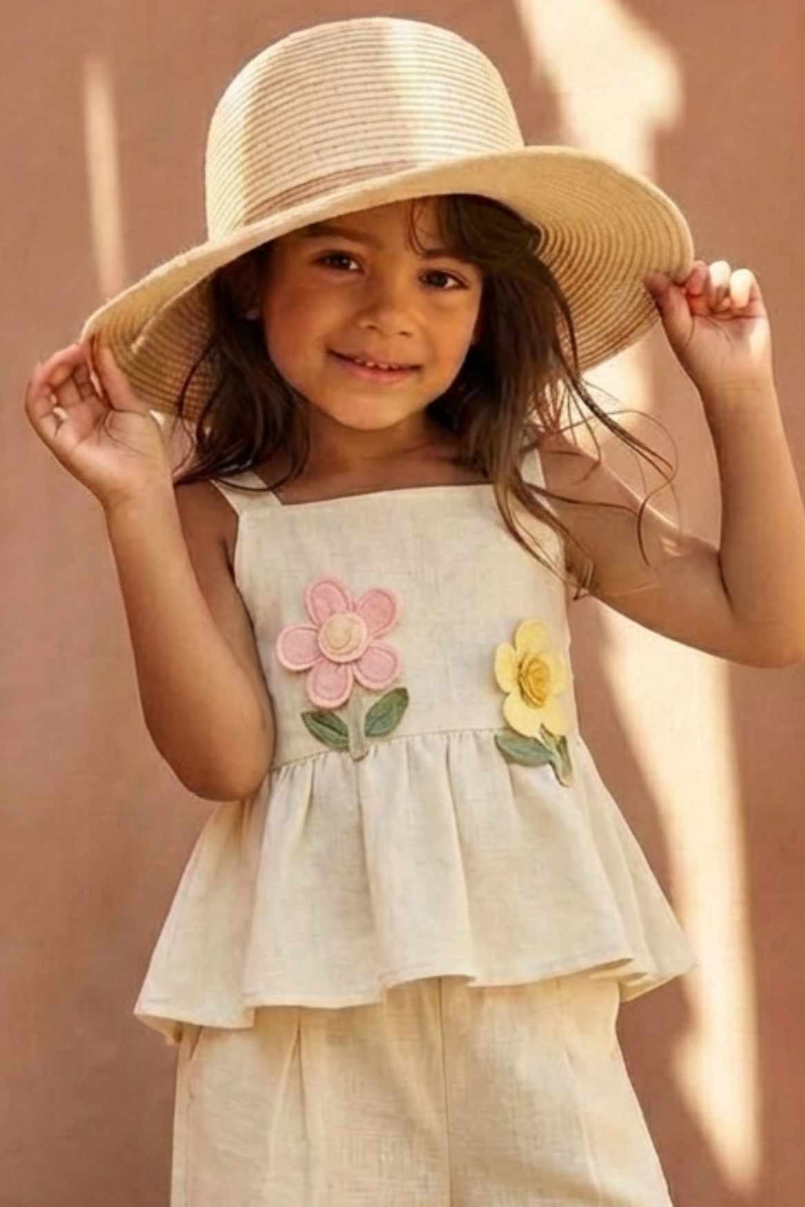 Cream Floral Appliqué And Palazzo Set For Girls