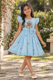 Girls Sky Blue Floral Embroidered Ruffle Sleeve Flared Dress