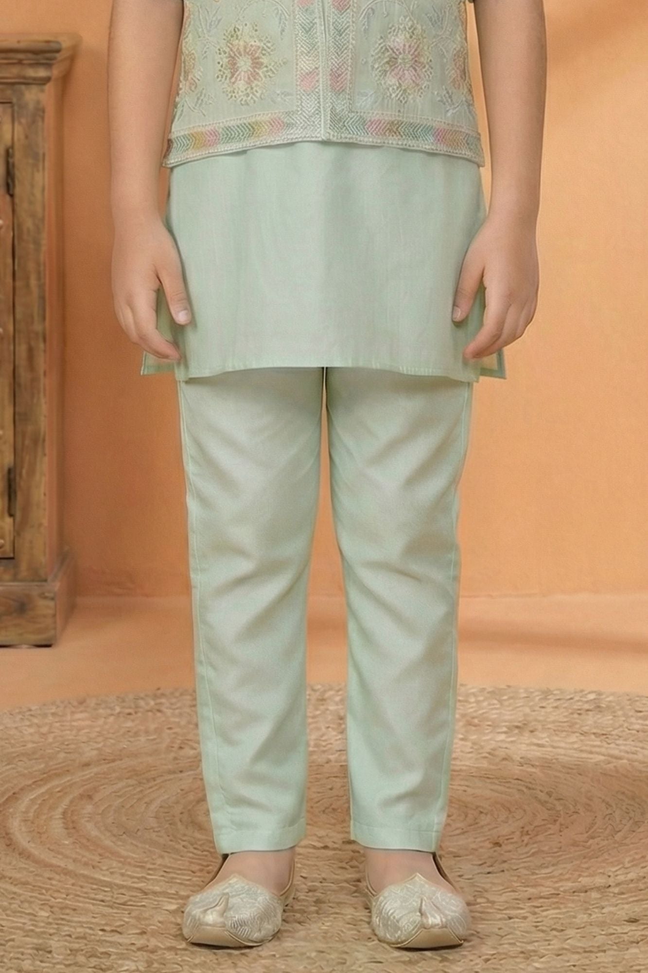 Pista Embroidered Kurta Set with Nehru Jacket For Boys