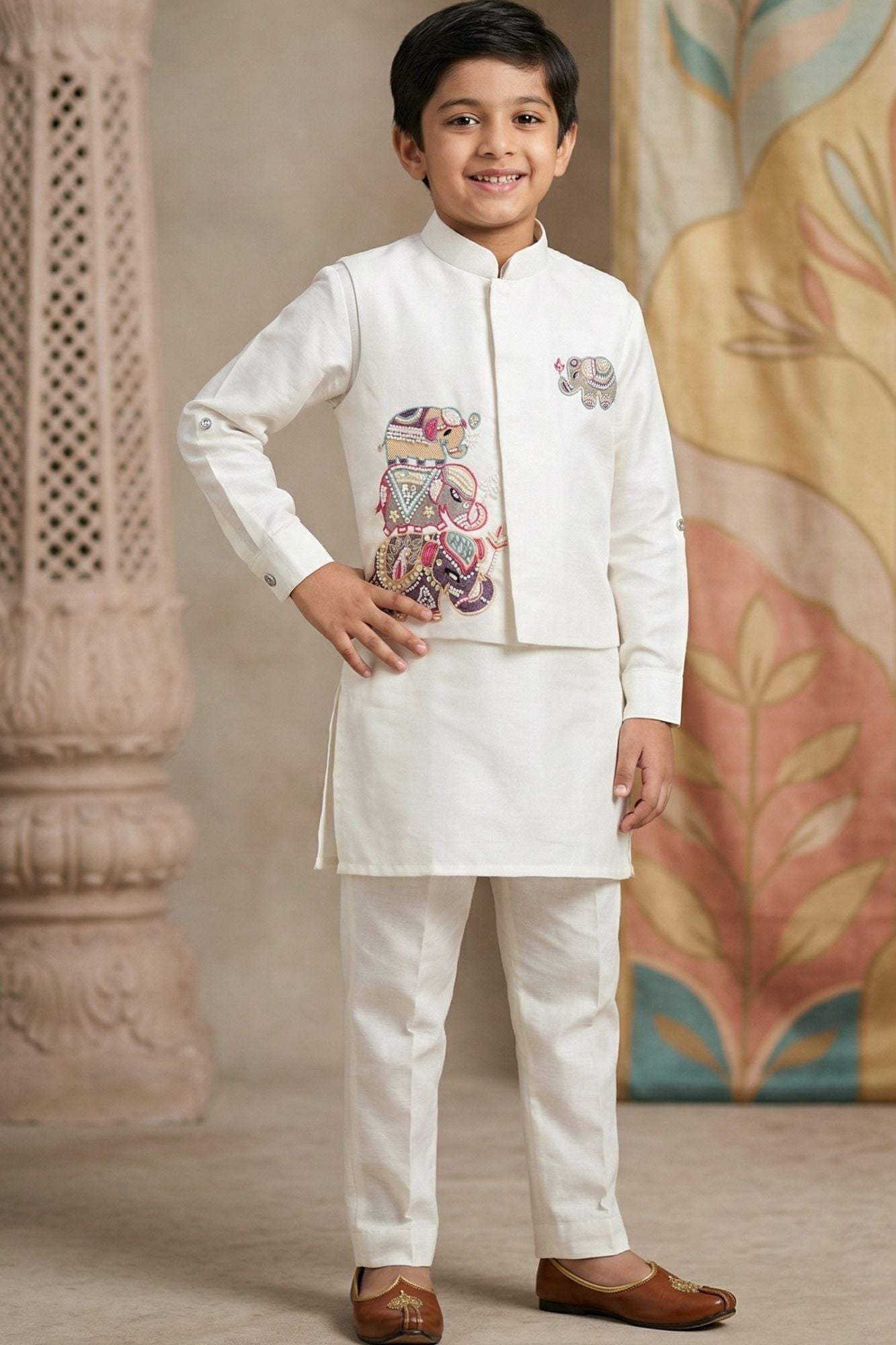 Boys White Kurta Set with Elephant Embroidered Nehru Jacket