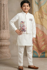 Boys White Kurta Set with Elephant Embroidered Nehru Jacket
