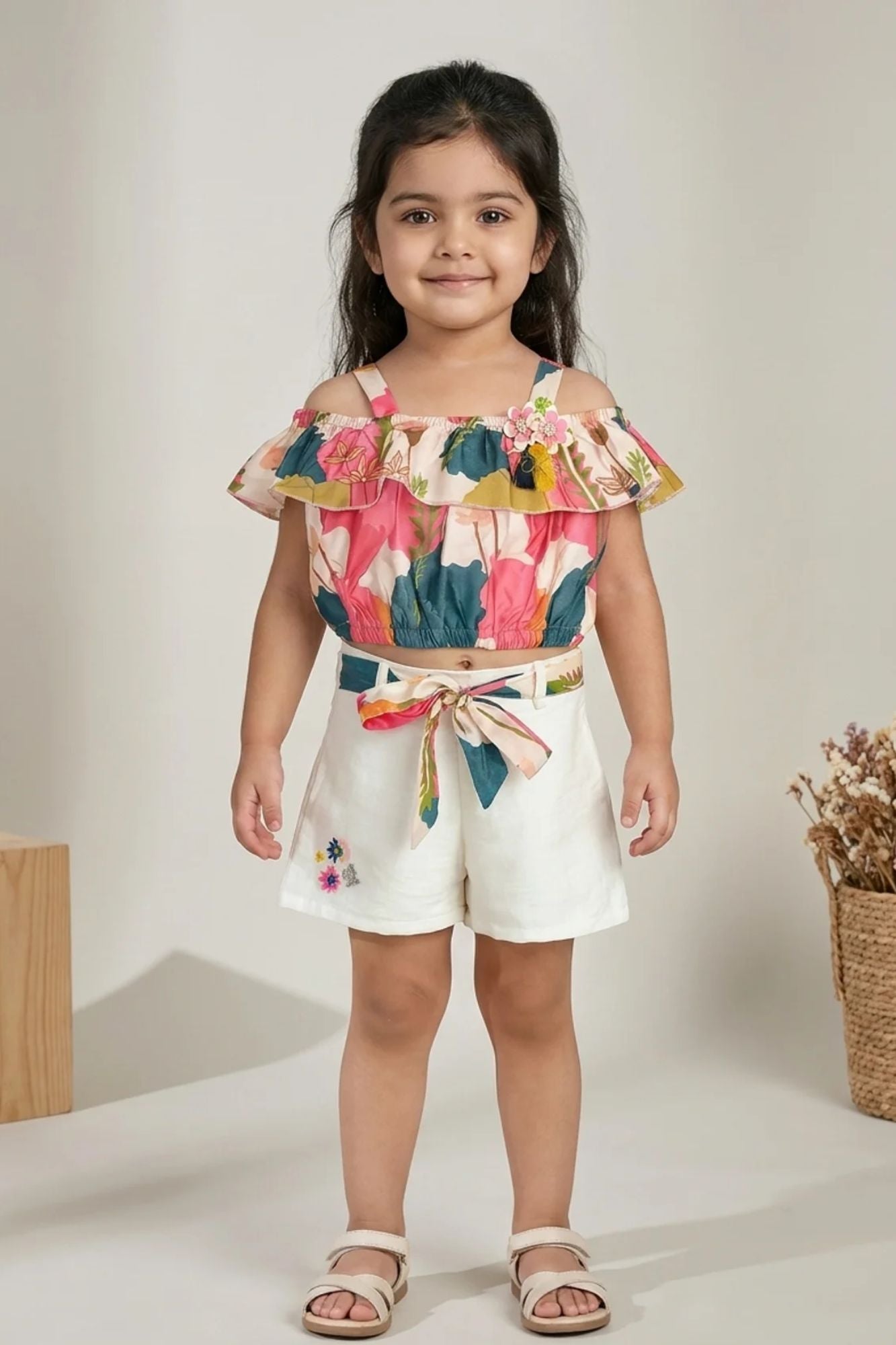 Girls Multicolor Floral Off-Shoulder Top with White Shorts Co-Ord Set