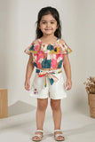 Girls Multicolor Floral Off-Shoulder Top with White Shorts Co-Ord Set