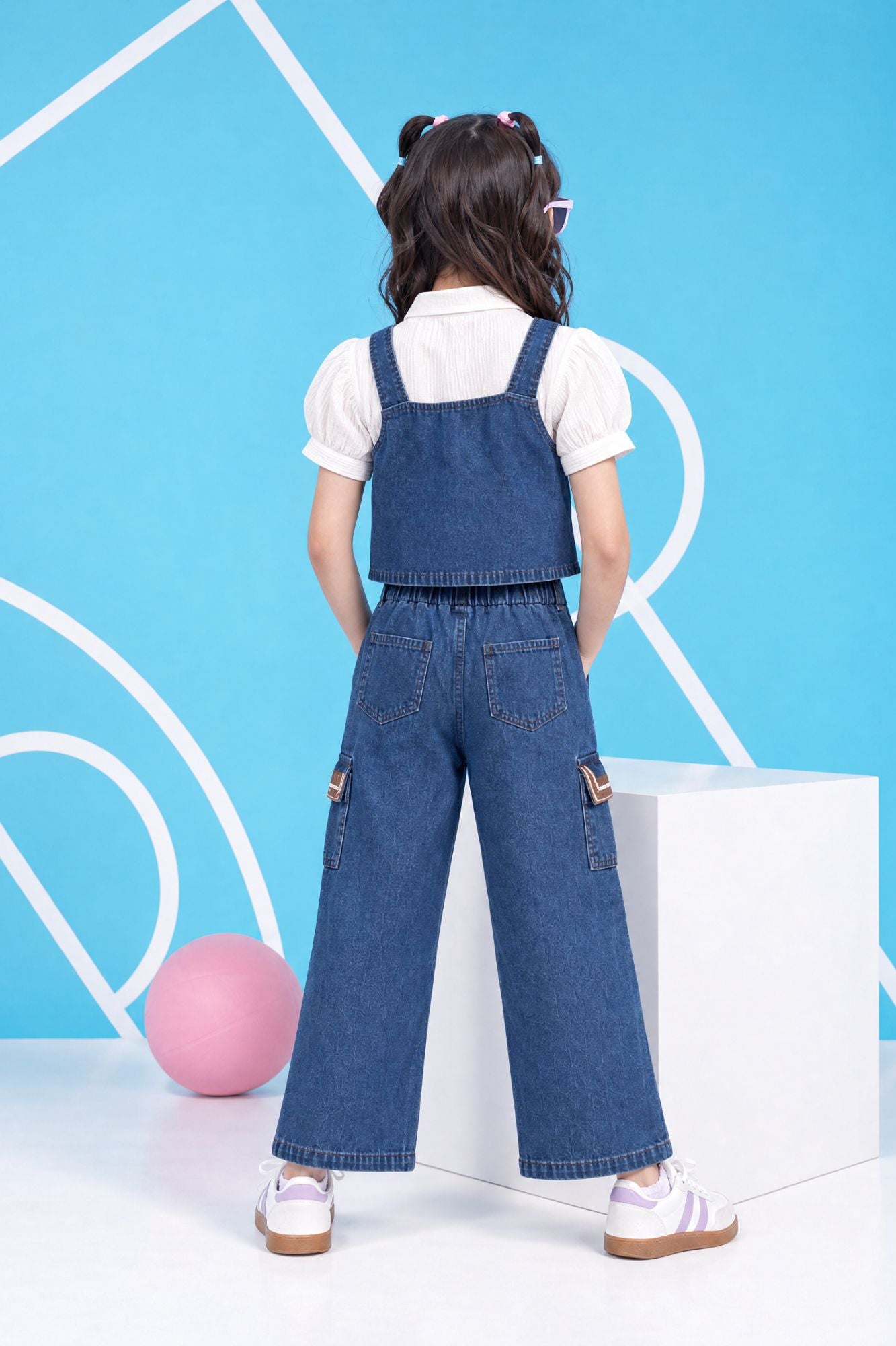 Girls Dark Blue Denim 3 Piece Co-Ord Set With Decorative Bow